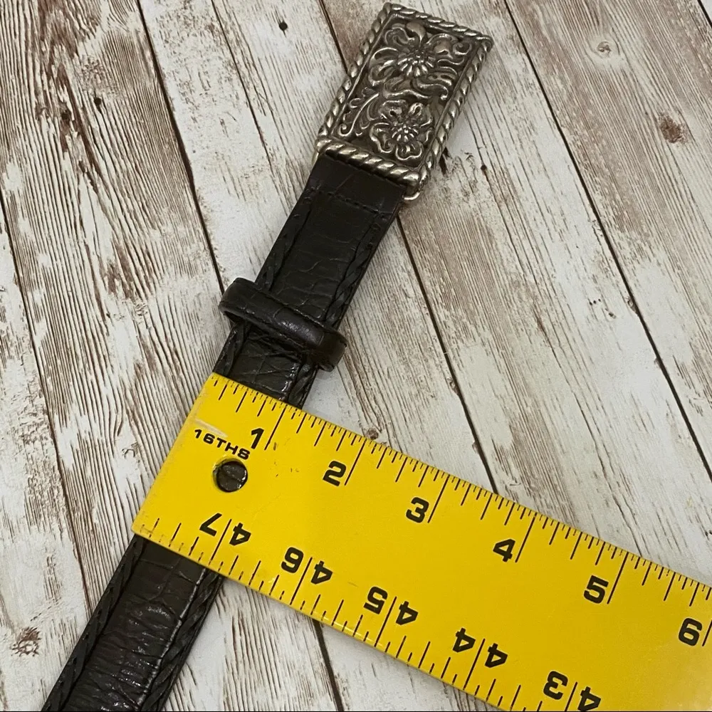 Black Croc Leather Floral Buckle Belt 32 - Image 10