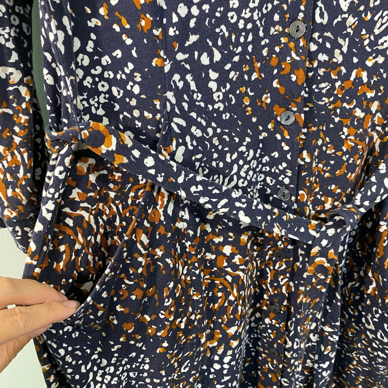 Garnet Hill Women Mixed Print Mavis Button Up Tie Waist Knit Dress Size S - Image 5