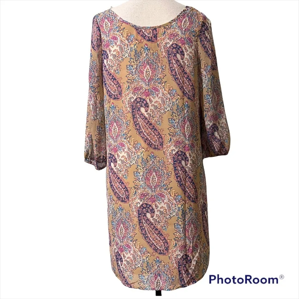 UMGEE small womens paisley boho lined shift dress elastic 3/4 sleeve bow front - Image 3