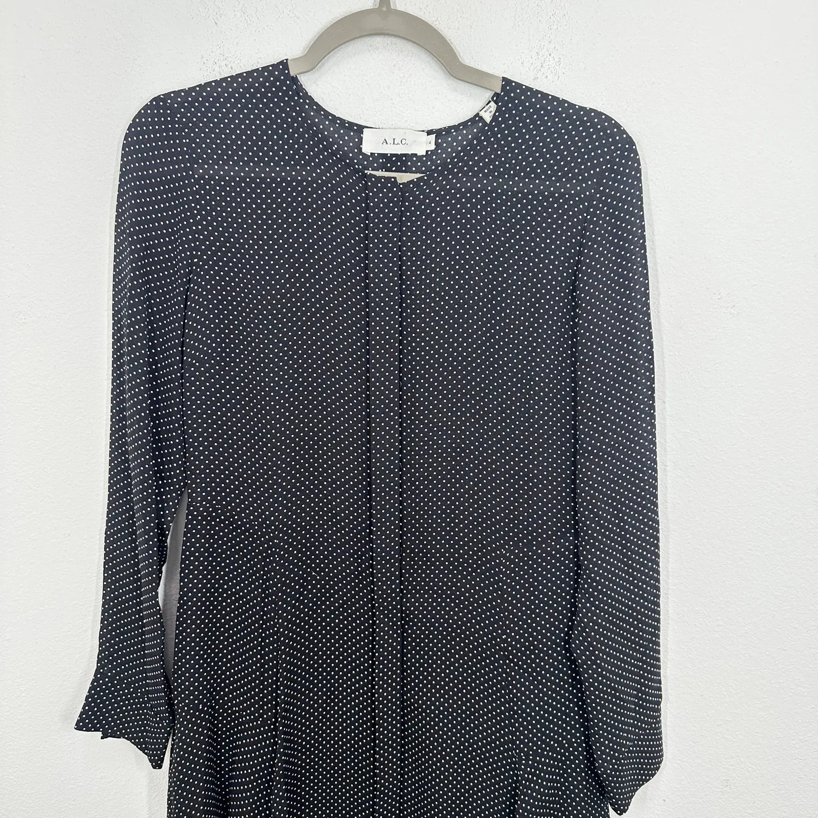 A.L.C. Black White Polka Dot 100% Silk Long Sleeve Mini Dress Size 4 Fit & Flare - Image 2