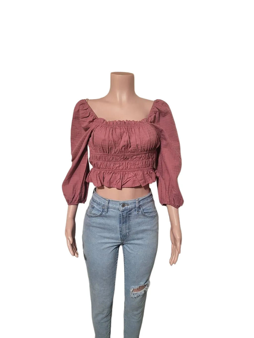 Baevely women's mauve 3/4 sleeve elastic detail ruched back tie crop smock blouse S, M,L Pink Size L - Image 2