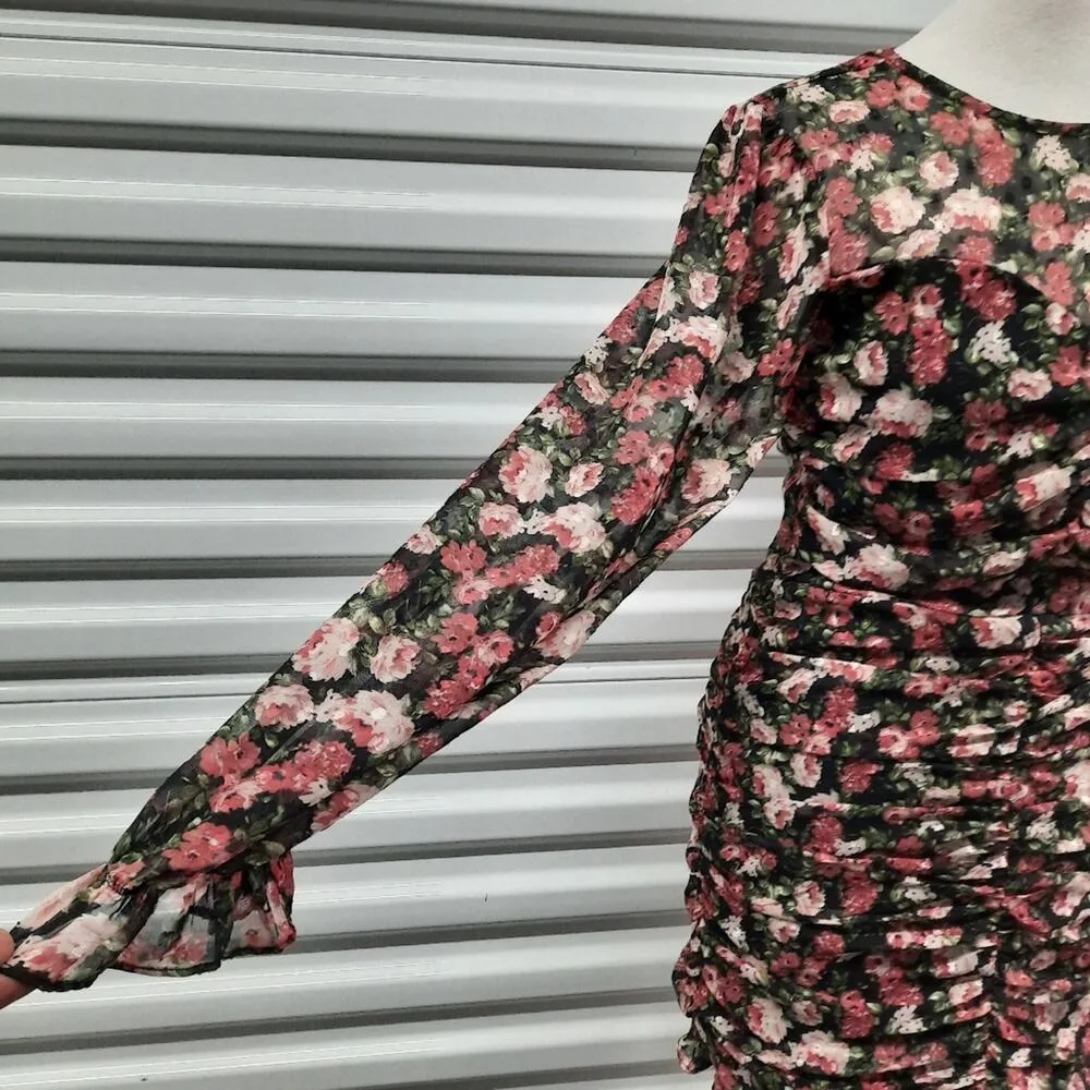 Vici Dress Womens Small Black Floral Long Sleeve Ruched Short Mini Party - Image 10