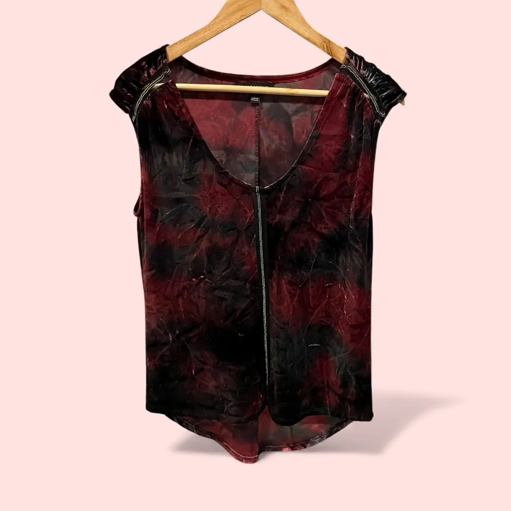 Cute burgundy black crushed velvet stretchy mesh metallic trim top Y2K oversized - Image 2