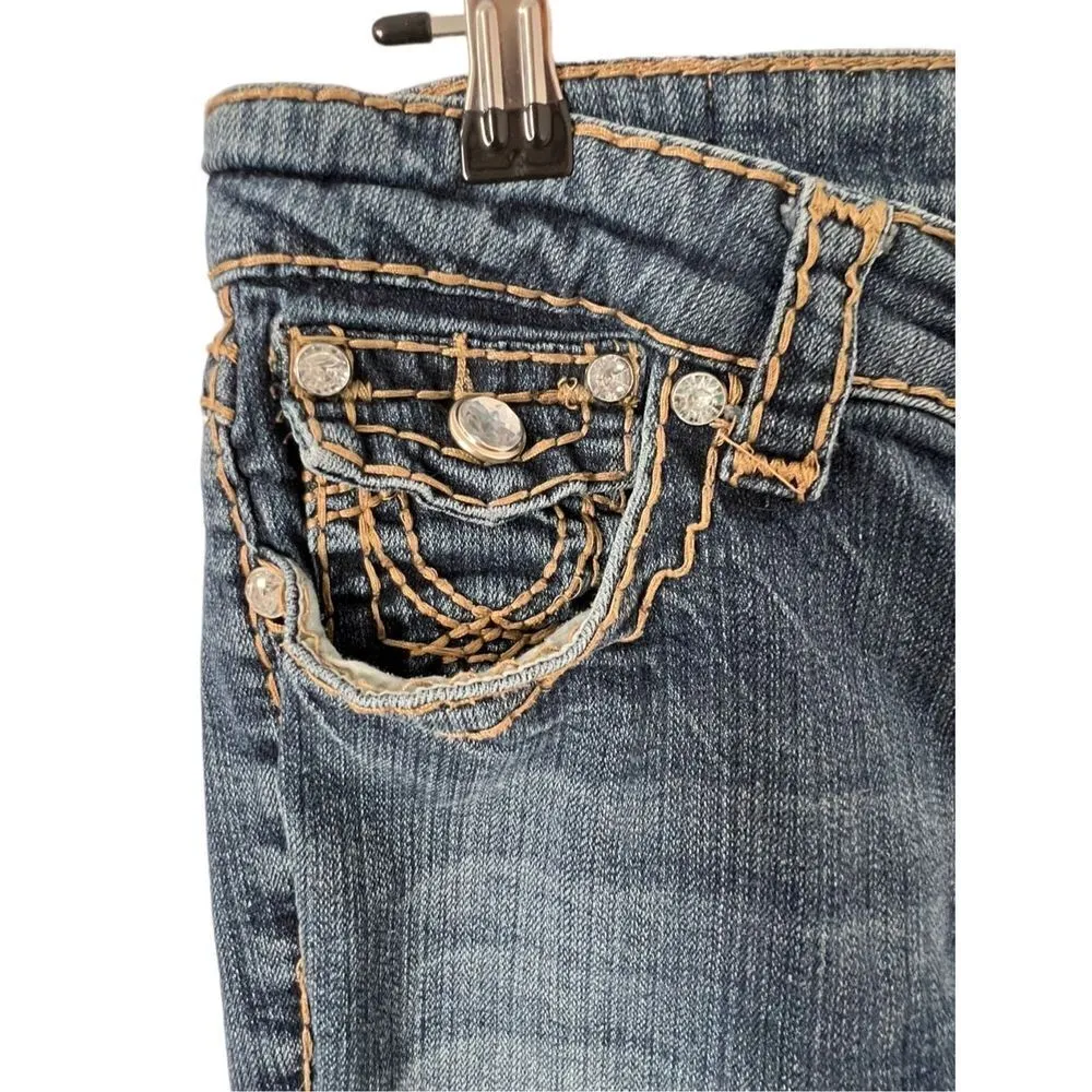 LA Idol Mid Rise Boot Cut Denim Jeans With Jewels and Brown Threading Blue Size undefined - Image 2