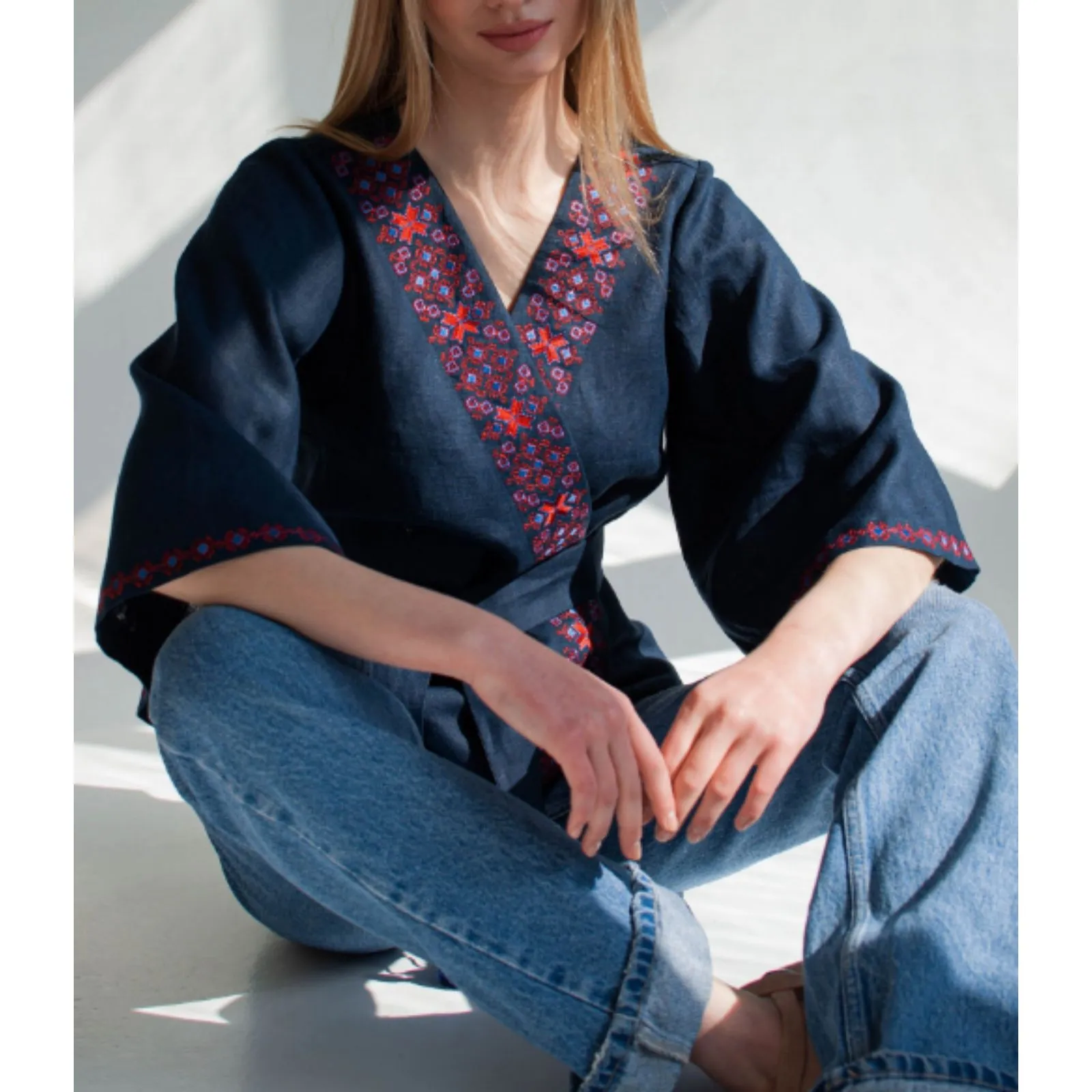 Etno Soul Blue Linen Embroidered Vyshyvanka Wrap Blouse Butterfly Sleeve No Belt Size undefined - Image 11