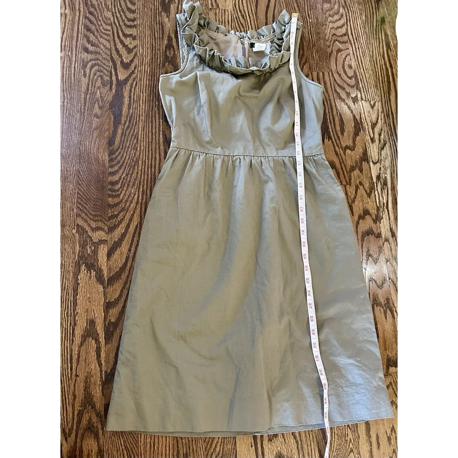 J Crew Olive‎ Green Brown Ruffle Womens Dress Size 0 XS 100% Cotton Pockets EUC - Image 8