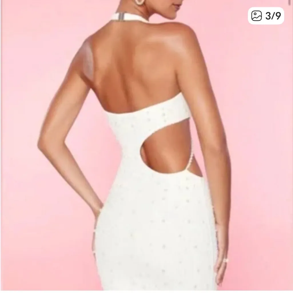 NWOT Oh Polly St Tropez pearl White embellished Halter Neck Cut Out Mini Dress 6 - Image 2