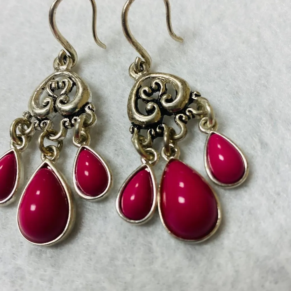 Pink Teardrop Cabochon Silver Color Metal Dangle Drop Hook Pierced Earrings - Image 6