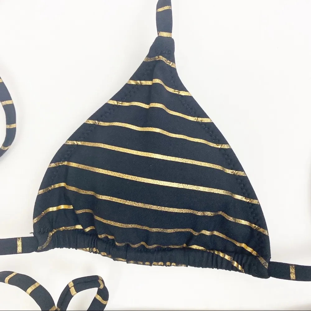 Charlie By MZ Striped Foil Halter String Triangle 2 Piece Bikini Set: Black Gold Size XS - Image 6