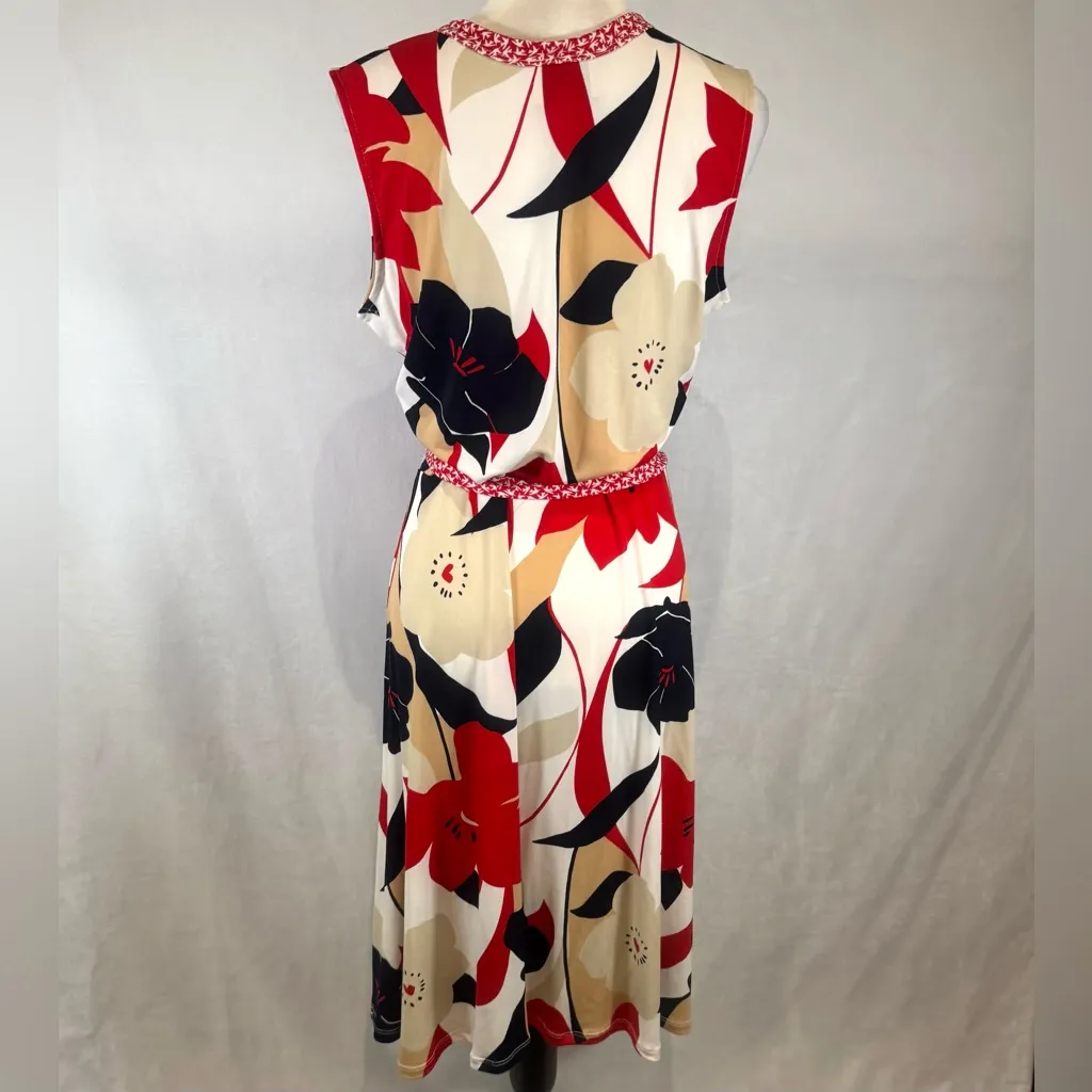 Leota mixed print red navy tan and white faux wrap midi dress size large - Image 5