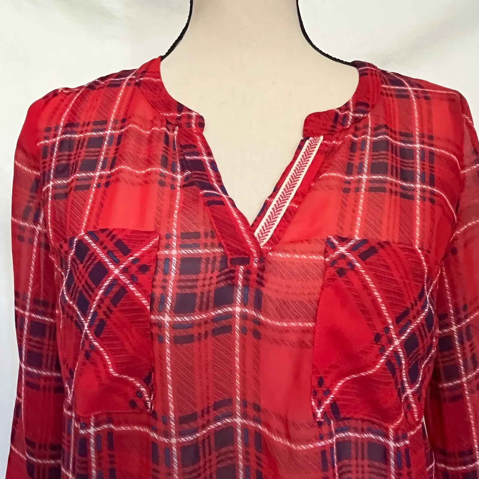 Skies are Blue Plaid Womens Top XS Boho Festival Chiffon Roll Tab Peasant Red - Image 2