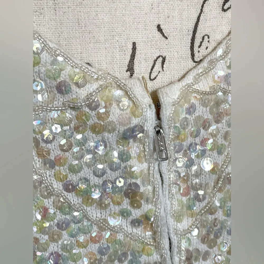 VTG 60s Asahi Bemsilkie Glam Iridescent Sequined Beaded Knit Sleeveless Top - Image 7