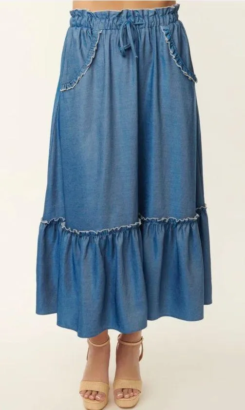 NWT  1970s Chambray Ruffle Tiered Midi Skirt X-SMALL - Image 4