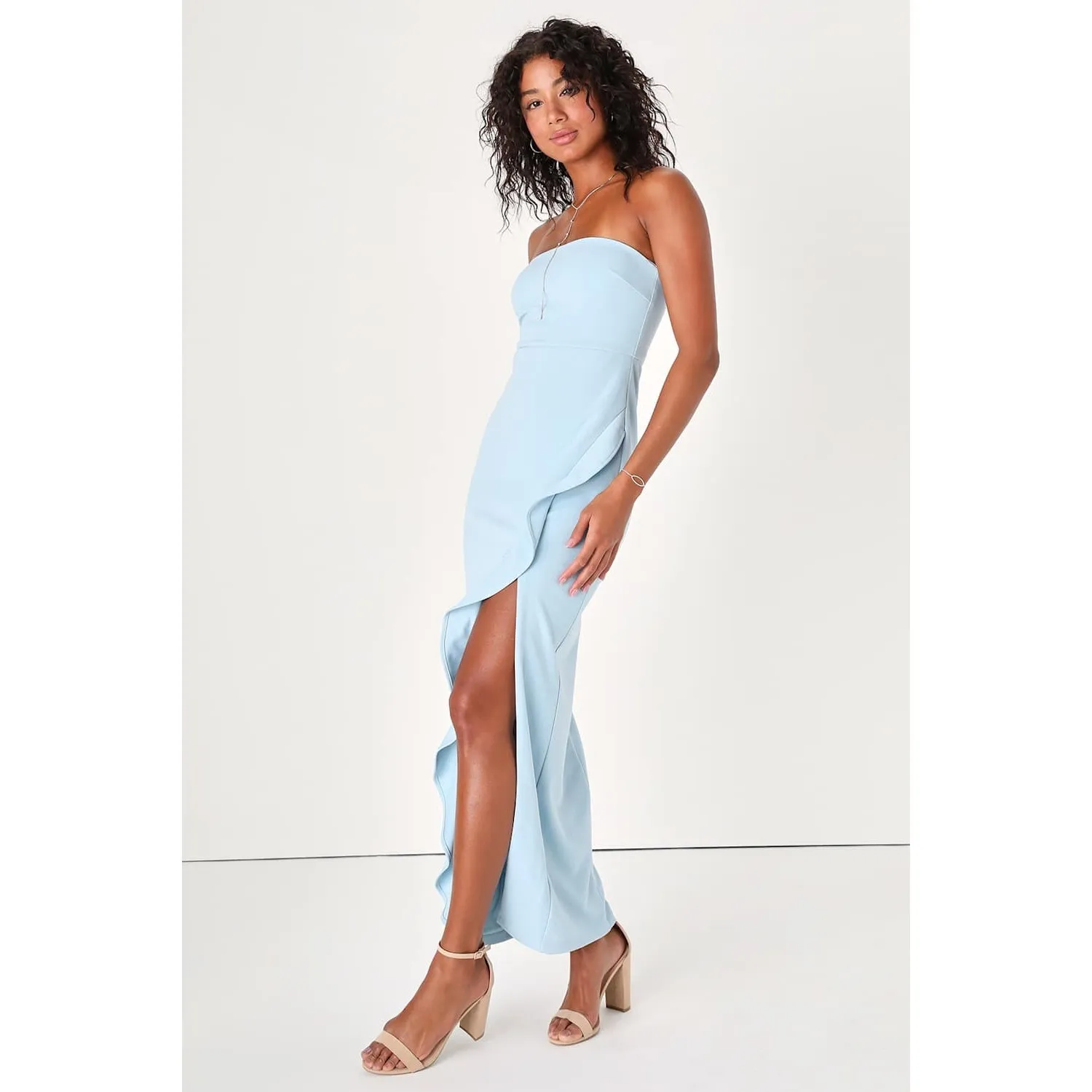 NWT Lulus After Hours Light Blue Strapless Ruffled Maxi Dress Gala Banquet Sz M - Image 4