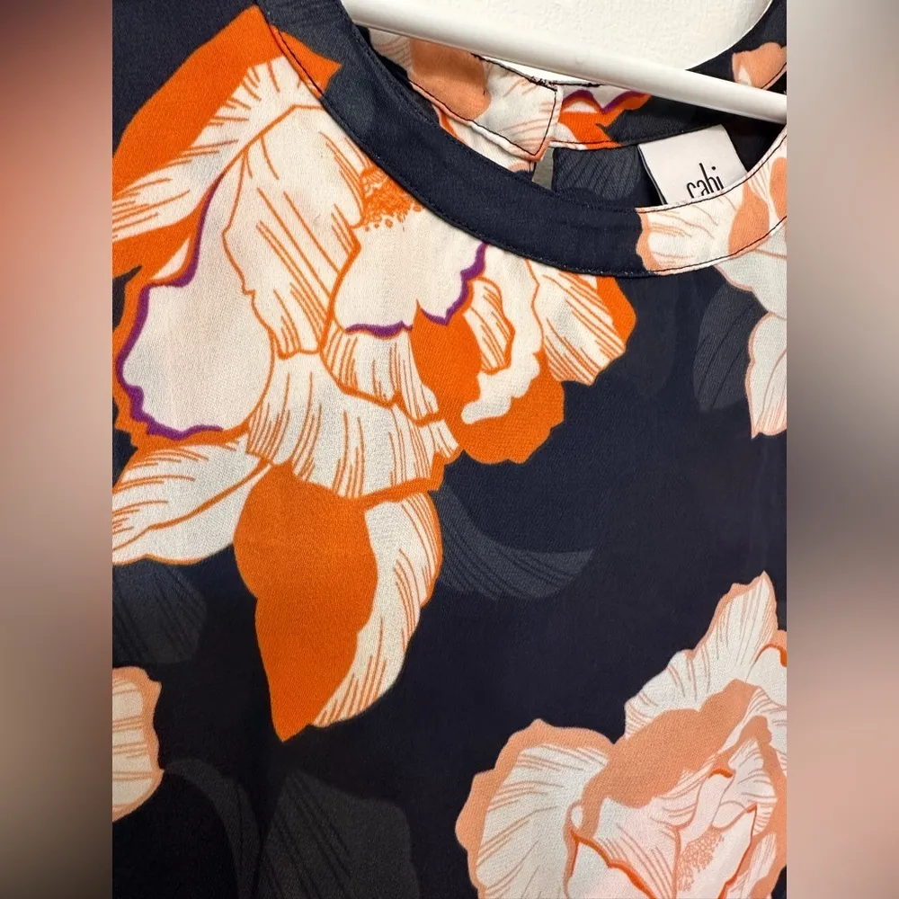 Cabi Blouse Blossom Floral Tiered Cap Sleeve Keyhole Back Navy Orange NWOT - Image 4