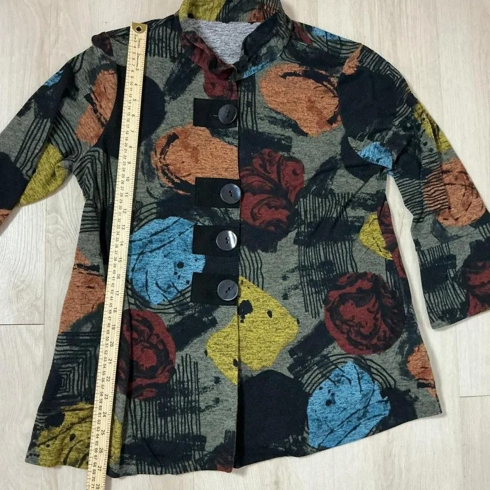 Abstract Floral Print Jacket Women's 3/4 Sleeve Collar Neck Button Front Size M - Image 4
