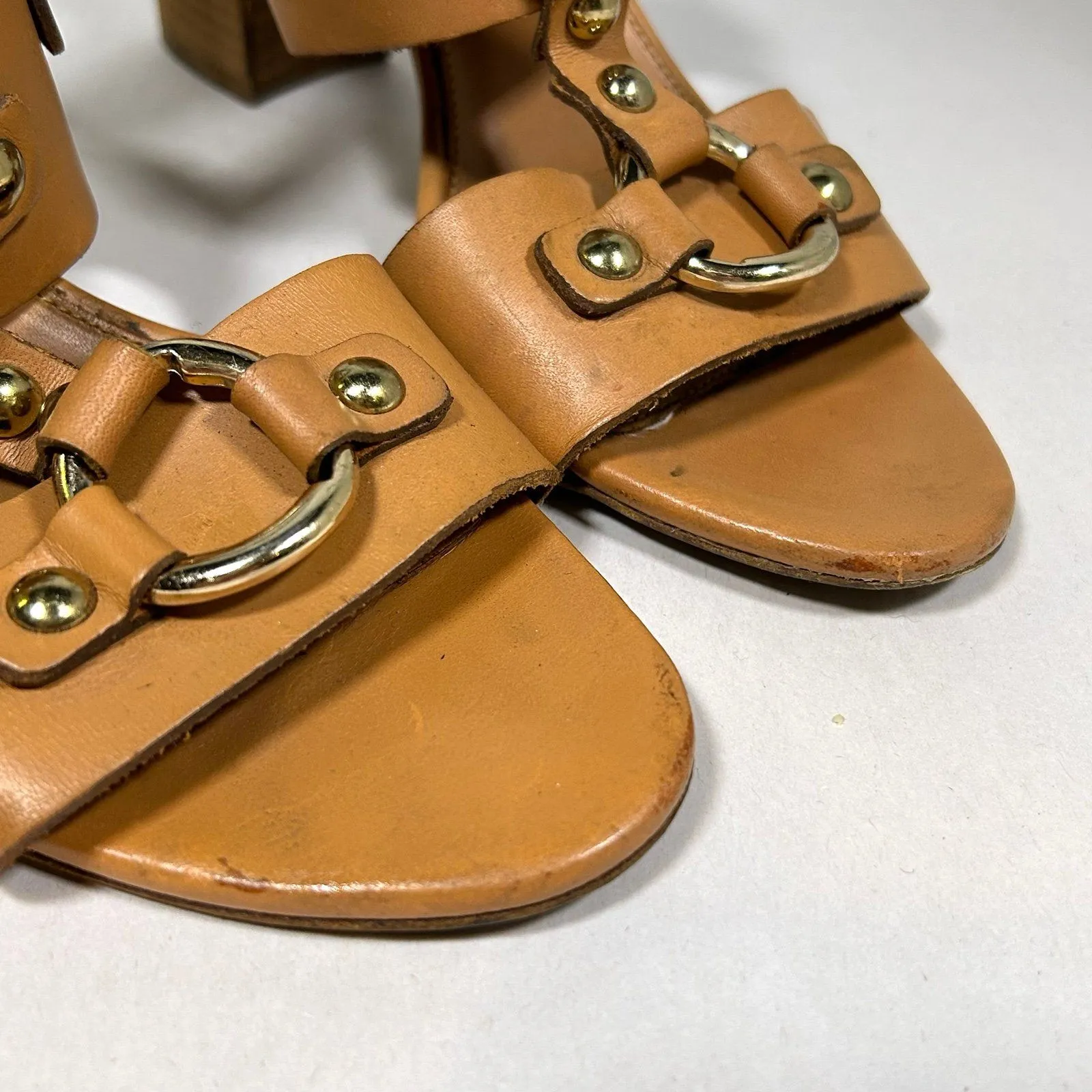 J Crew Equestrian Mid Block‎ Heel Leather Sandals Womens 8 Tan - Image 3