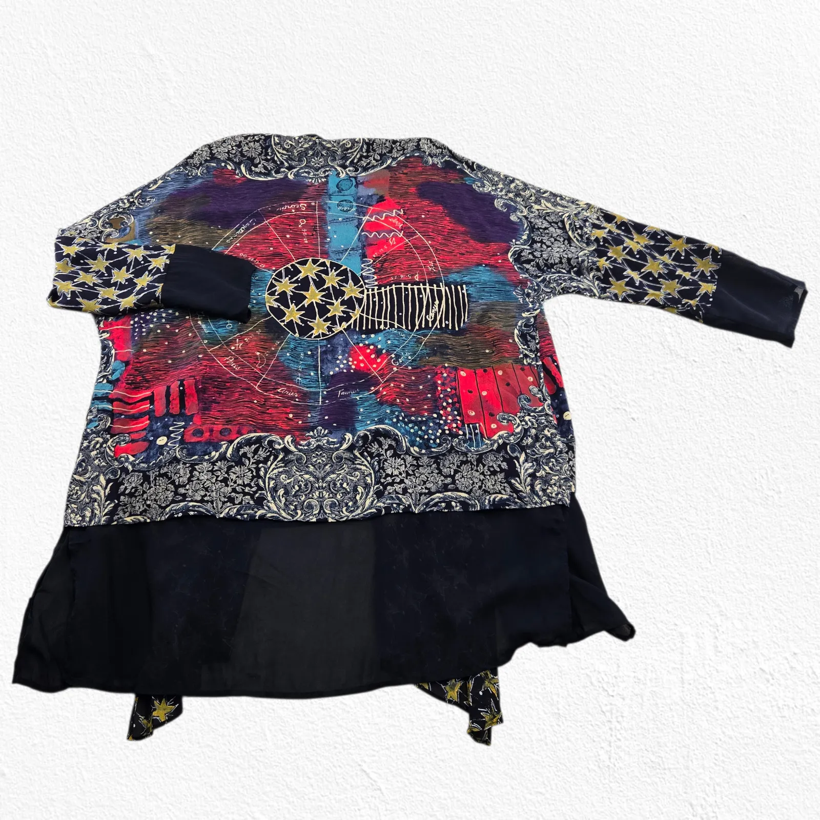 Vintage 90s Carole Little Art Print Kimono Jacket Open Front Cardigan Size 10 Black - Image 9