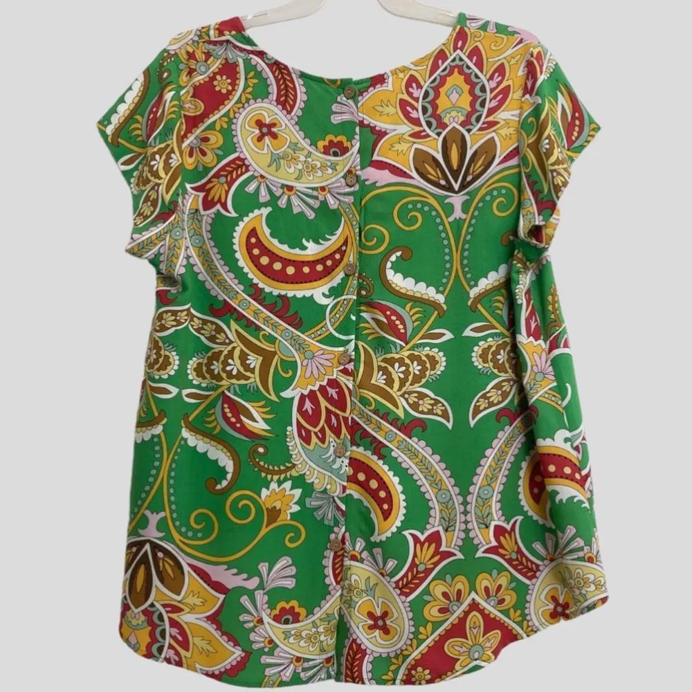 Haute Hippie Women’s 1X Green-Multi Rayon Top Ethnic Paisley Print Blouse Casual - Image 11