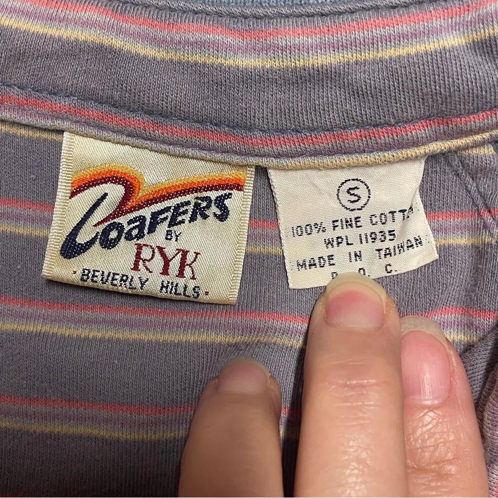 Vintage Loafers by Ryk Womens 70s Retro Purple Striped Polo Shirt Small Nerdcore Gray - Image 8