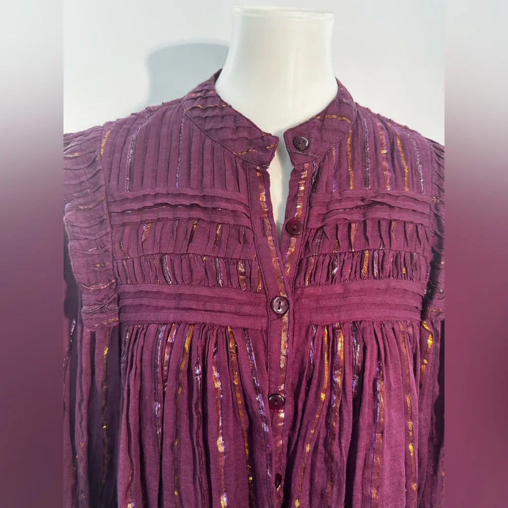 Farm Rio Burgundy Pleated Yoke Metallic Stripe Long Sleeve Button Blouse XS - Image 7