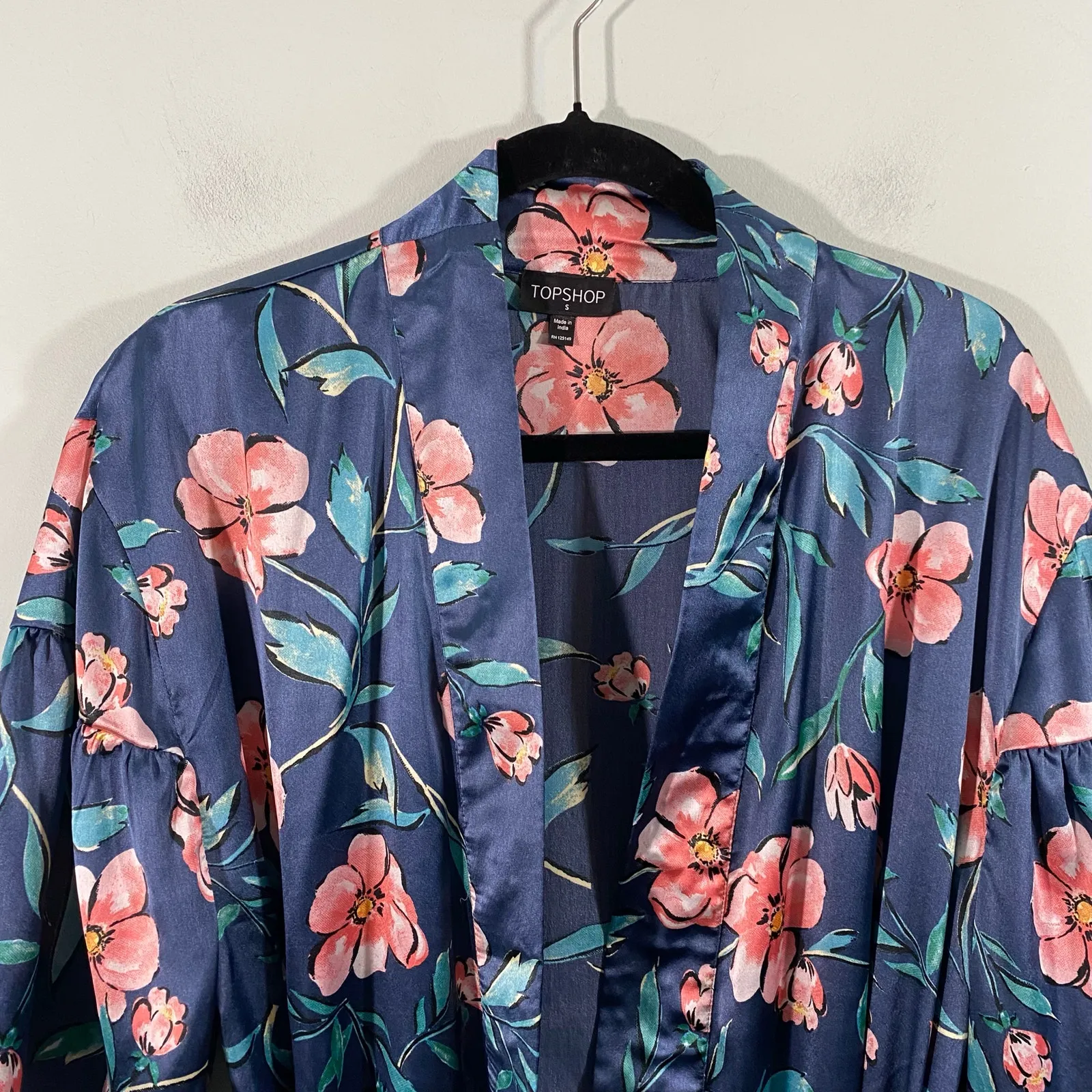 Topshop Women Blue Floral Satin Belted Duster Kimono Size S - Image 3