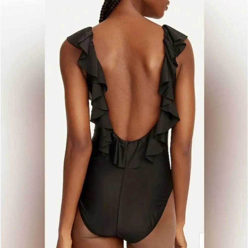 New J. Crew Black Scoop Neck Scoopback Ruffle One Piece Swimsuit Women's Size 16 - Image 4