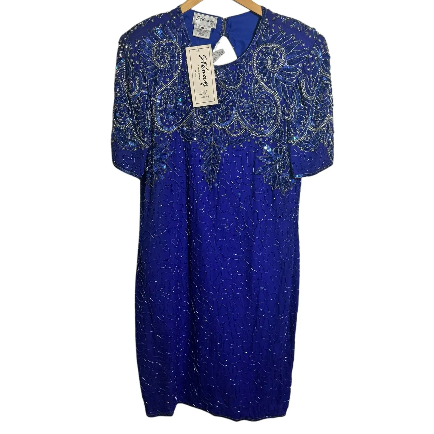 Stenay Vintage 80s Dress Women 16 Royal Blue Sequin Knee Length Cocktail Party - Image 2