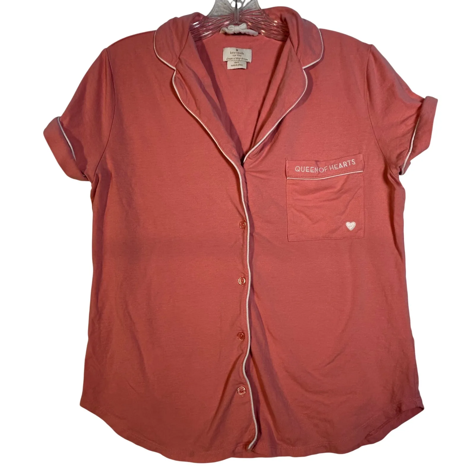 Kate Spade Queen of Hearts Pajama Top Coral Short Sleeve Button Up Small Pink - Image 1