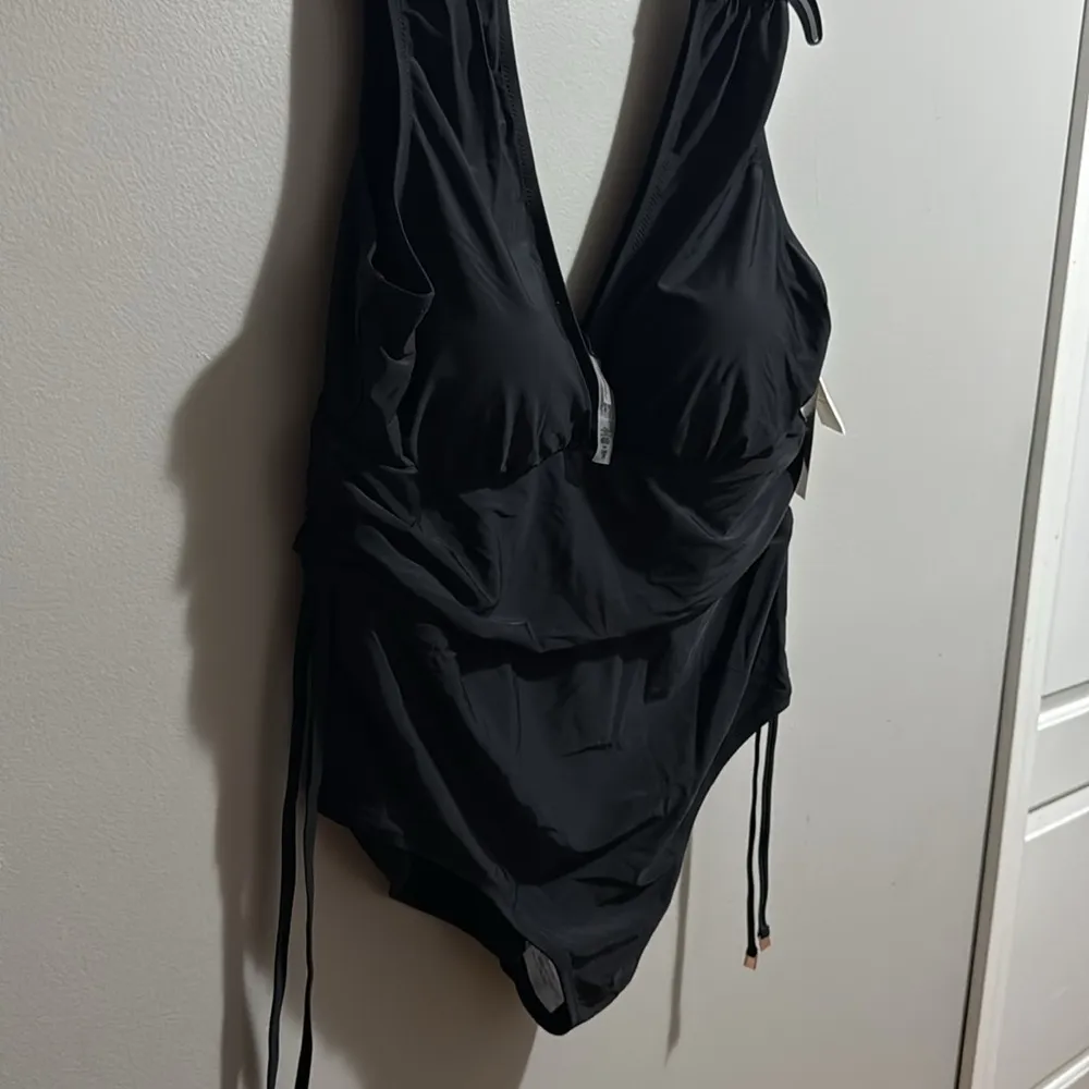 Raisins Black One Piece Swimsuit Plus Size 22W Ruched V-Neck Glattering Tie - Image 7