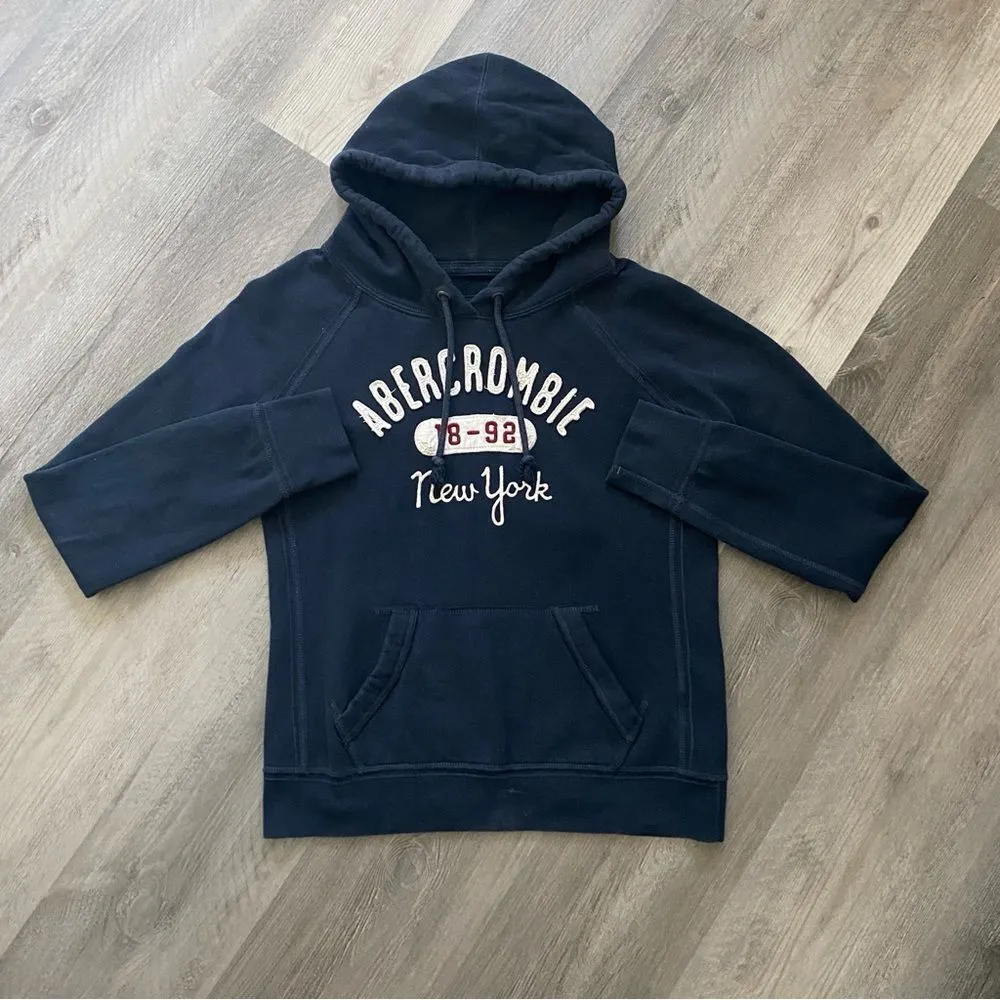 Abercrombie & Fitch Hoodie Navy Blue Kangaroo Pocket Large Retro - Image 2