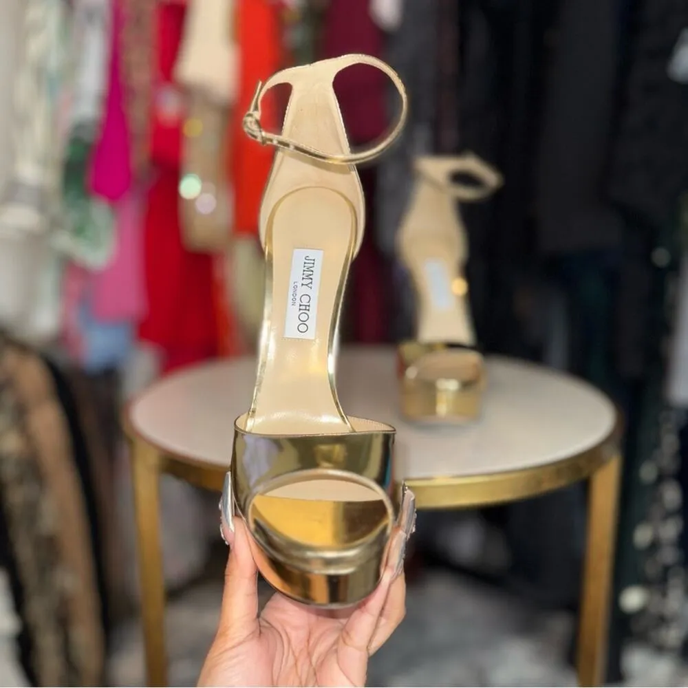 Jimmy Choo Gold Max 150 Mirrored-Leather Platform Stiletto Heel Open Toe Sandal - Image 6