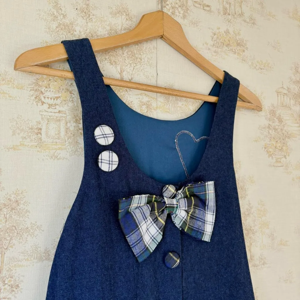 Vintage handmade blue green denim plaid cottagecore patchwork heart jumper dress Size L - Image 7