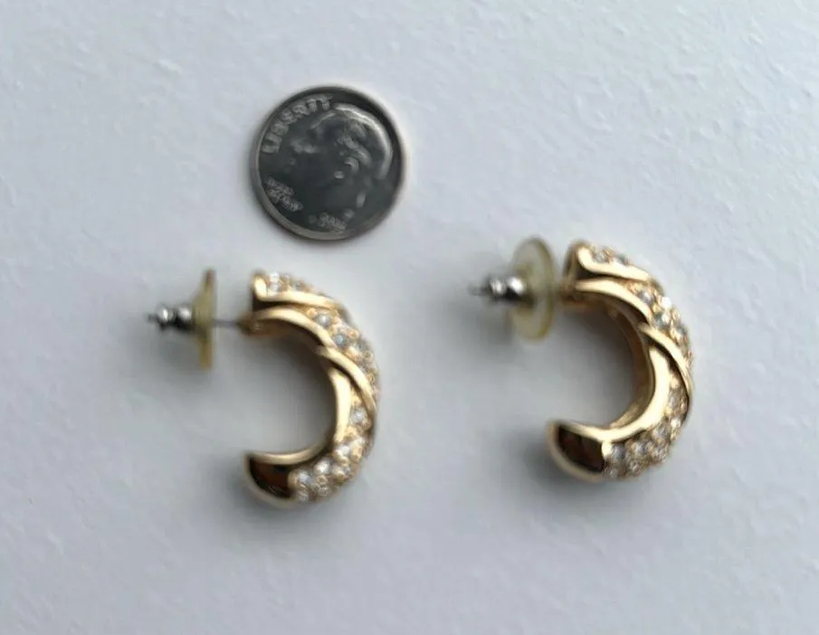 Rare Pierced Swarovski Crystal Half Hoop Pierced Earrings, Gold plated, Vintage - Image 2