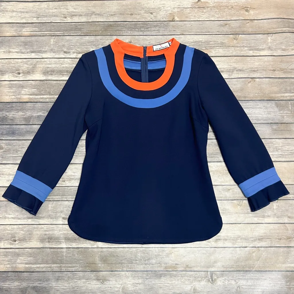 CK Bradley Navy Blue Orange U Neck Color Block Ponte Ruffle 3/4 Sleeve Slim Fit Size M - Image 6