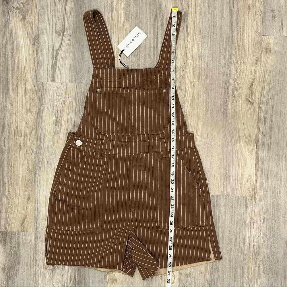 NWT We Wore What Shorts Bib Overalls Brown Pinstripe Cotton W/ Side Slit Size S - Image 2