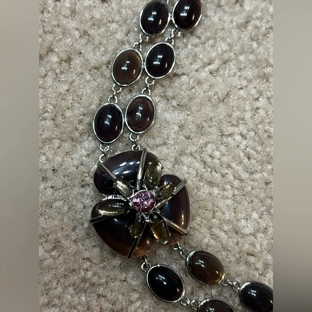 Talbots Silver Tone & Purple and Brown Glass Bead Flower Statement Necklace - Image 4