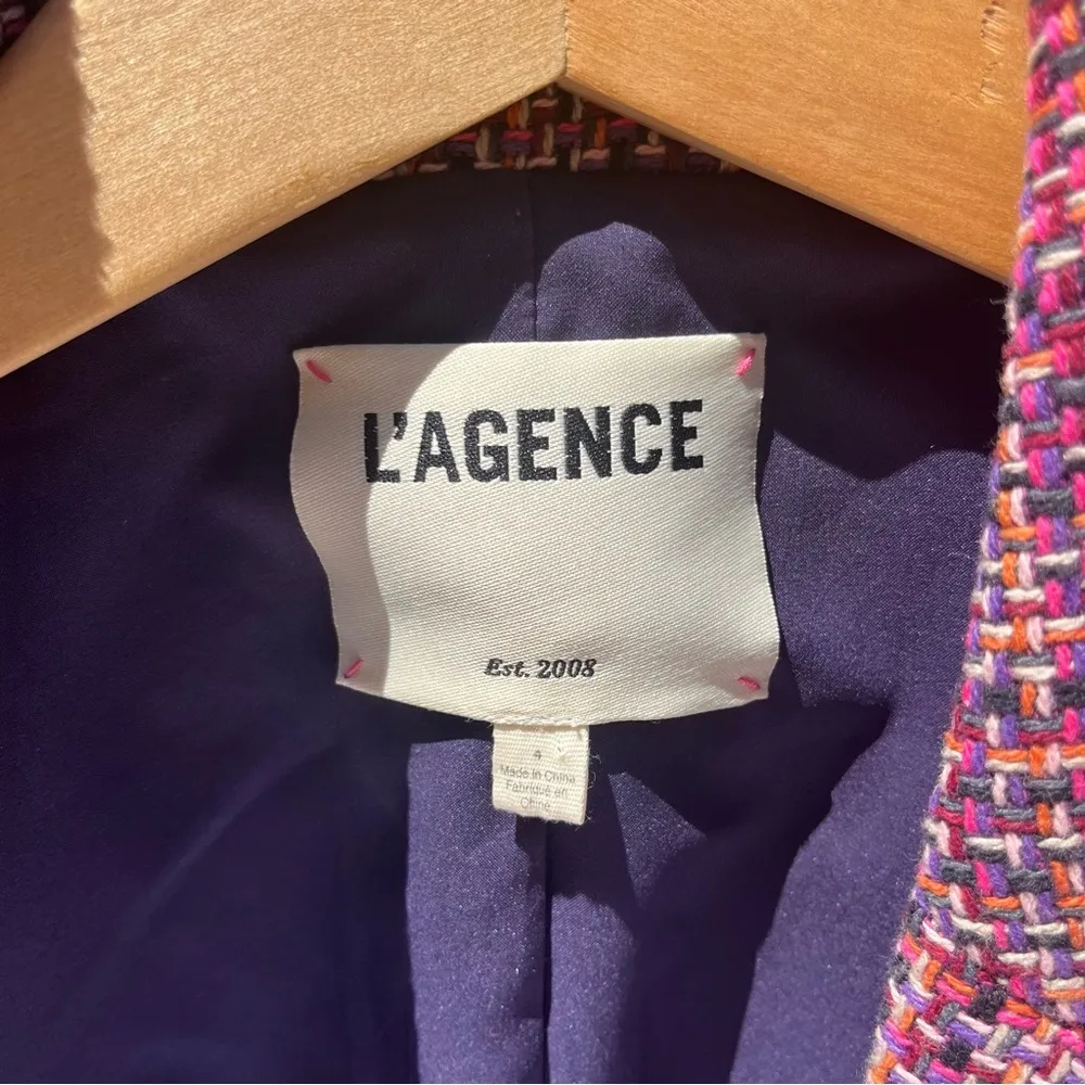 L’Agence Brooke Pink & Purple Double Breasted Cropped Tweed Blazer Size 4 - Image 3