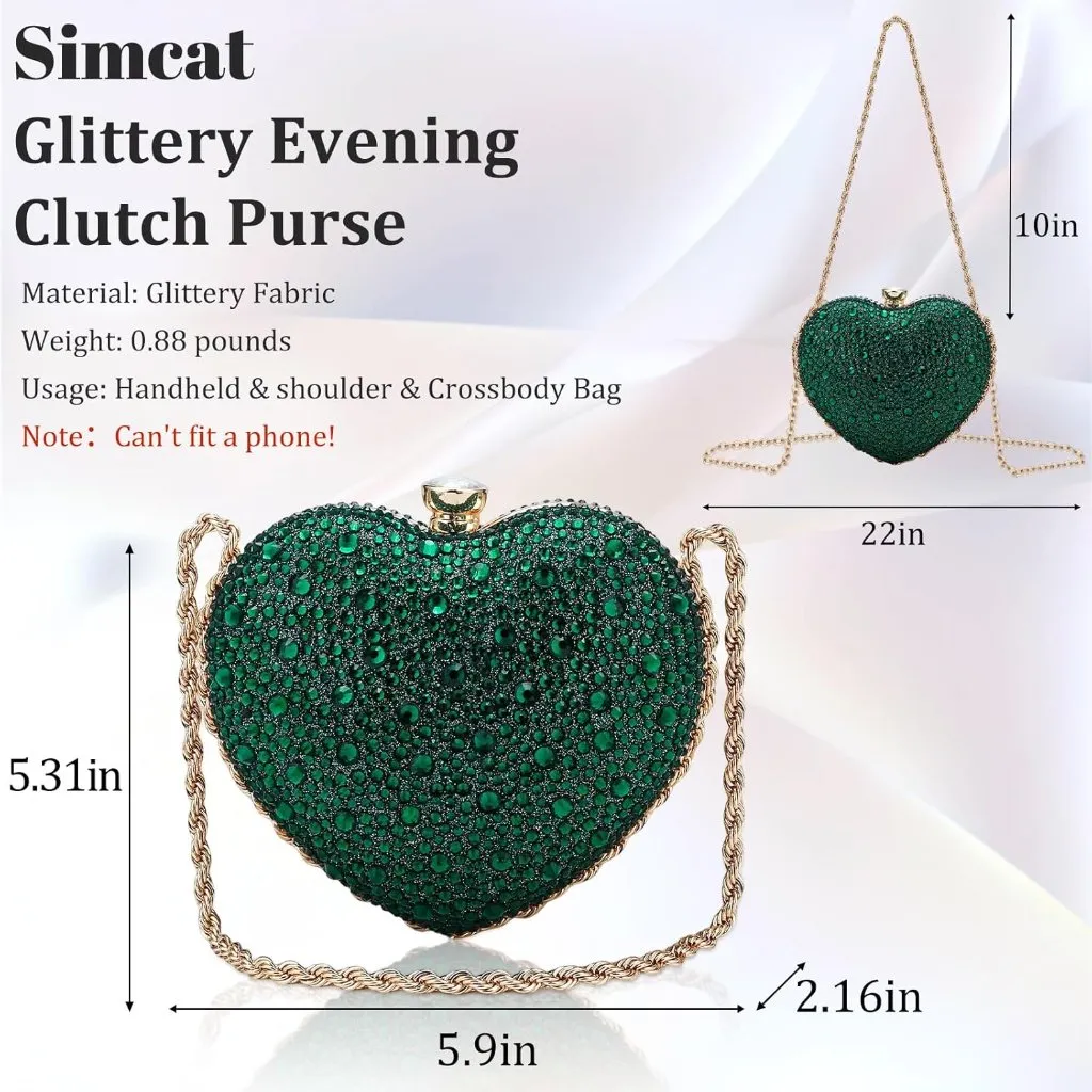 ⚡ Women's Cute Heart Shape Rhinestone Evening Wedding Green Clutch Handbag - Image 2