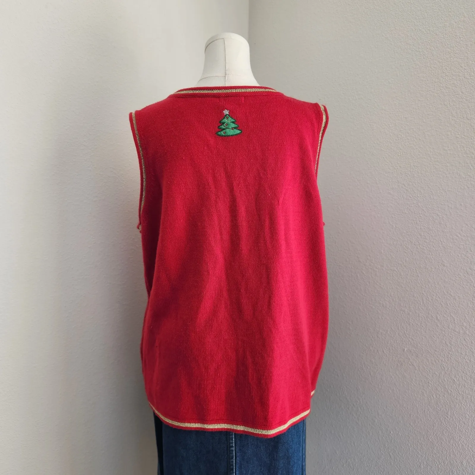 Vintage Y2K White Stag Red Knit Ugly Christmas Sweater Vest Holiday Theme L - Image 5