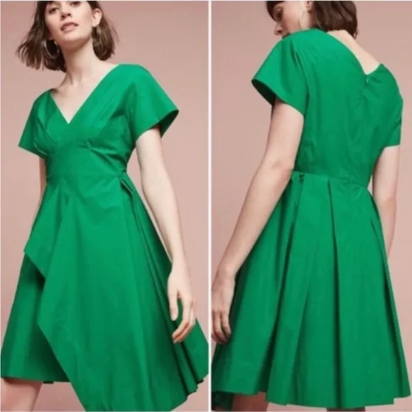 MAEVE ANTHROPOLOGIE SEAMED POPLIN
ORIGAMI PLEATED EMERALD GREEN MIDI DRESS‎ SZ 2 - Image 2