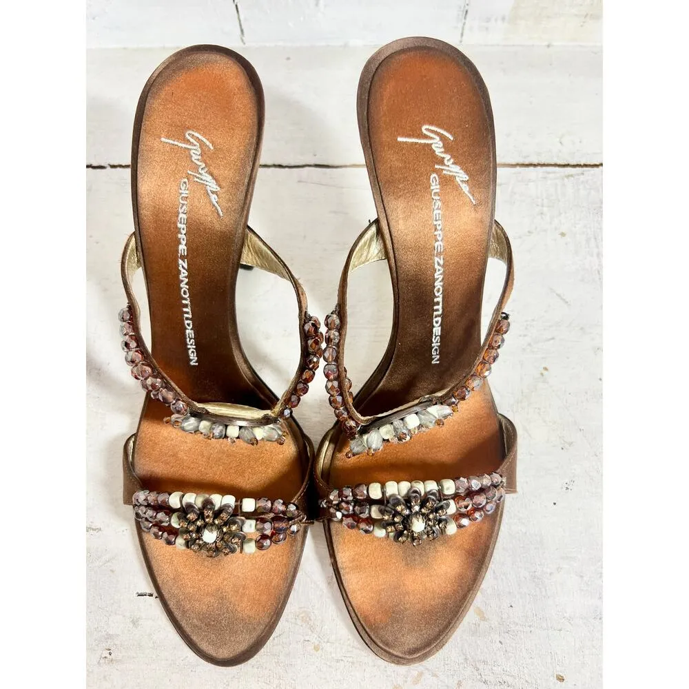 Giuseppe Zanotti Design Rhinestone Slip On Heeled Mule Sandals Brown Women's 39 - Image 4