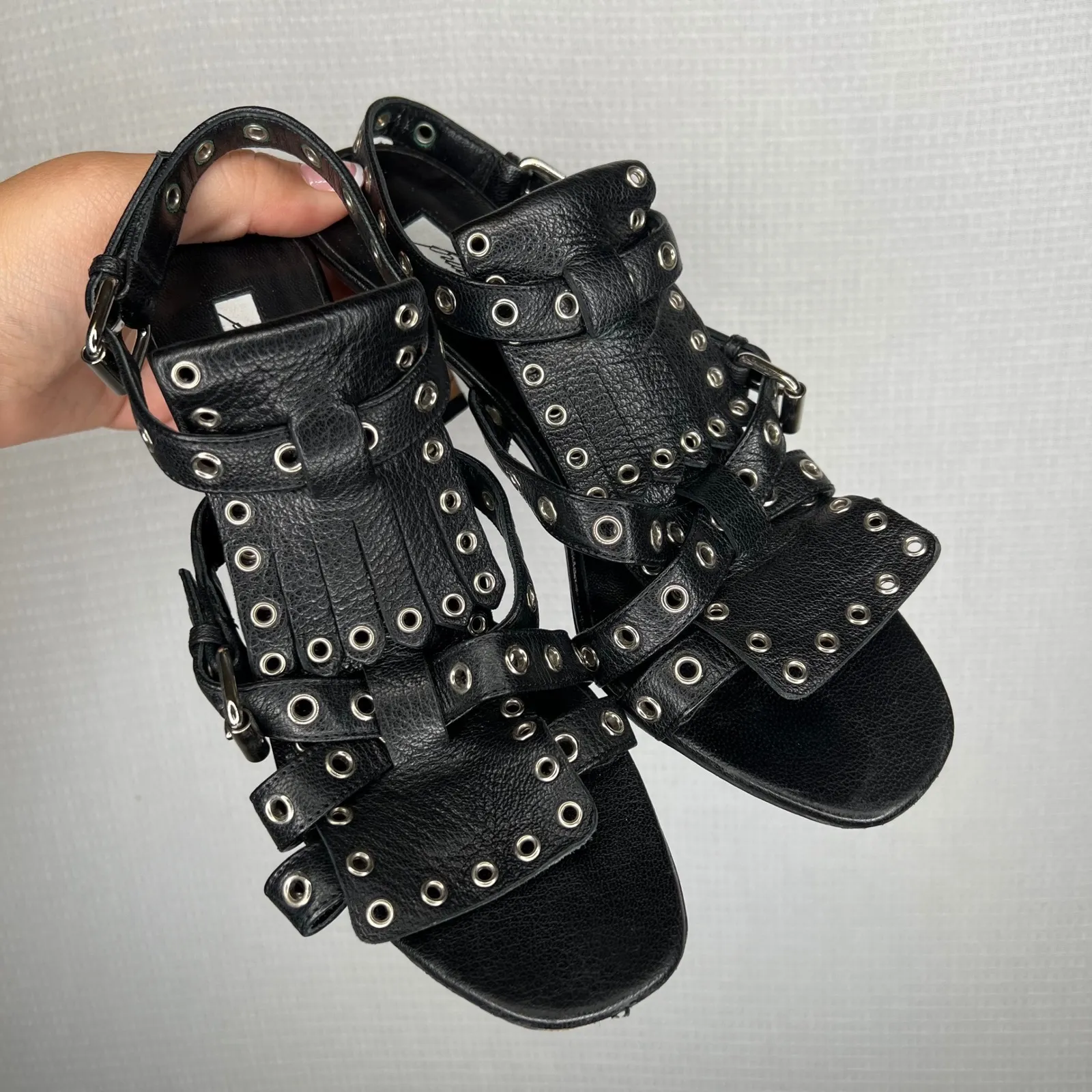 Brian Atwood‎ Size 37 Designer Leather Grommet Strappy Buckle Heeled Sandals - Image 2