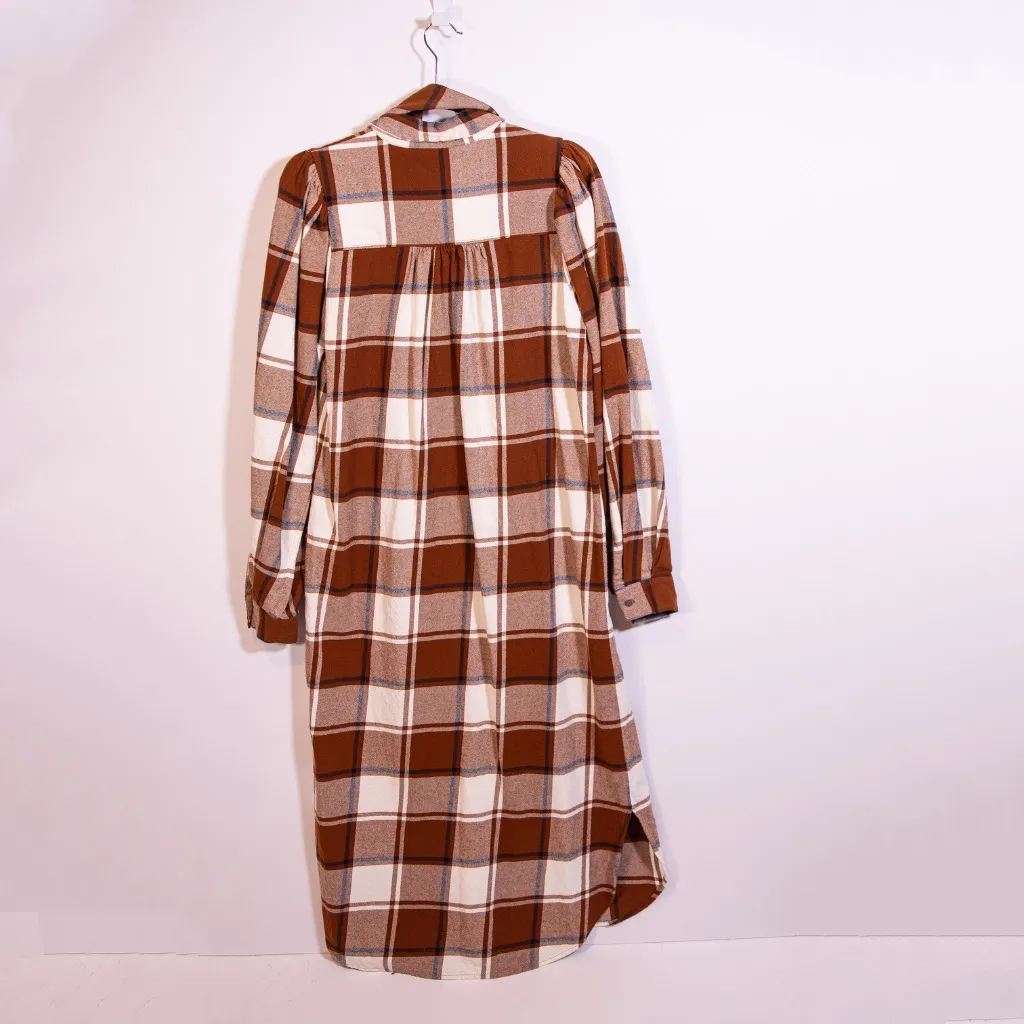 Essentiel Antwerp Abetty Robe Check Plaid Print Pattern Brown White Midi Dress - Image 4