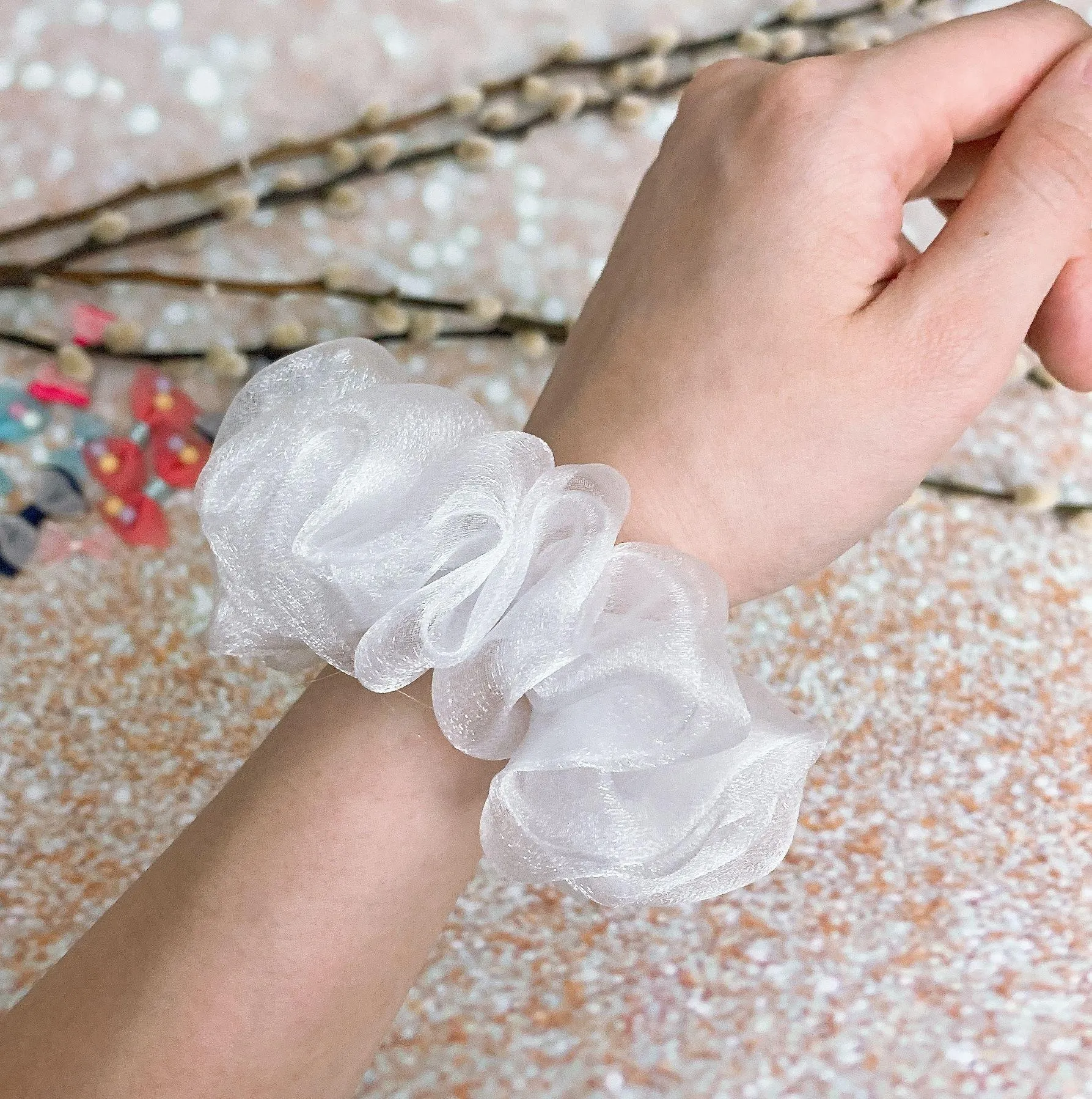 White Crystal Organza Hair Scrunchie - Image 5