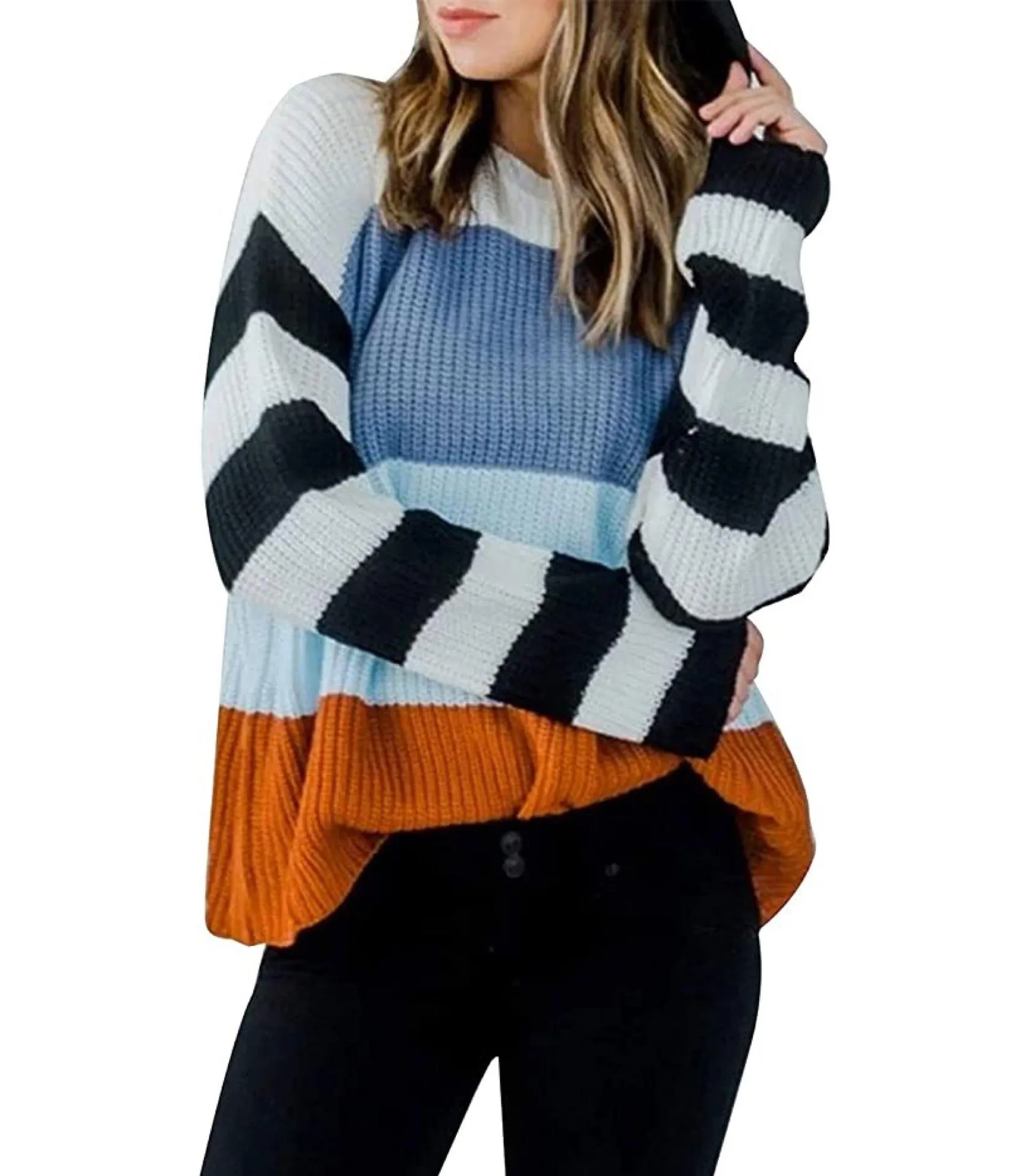 Long Sleeve Striped Color Block Casual Loose Knitted Pullover Sweater Top Small Multi - Image 1