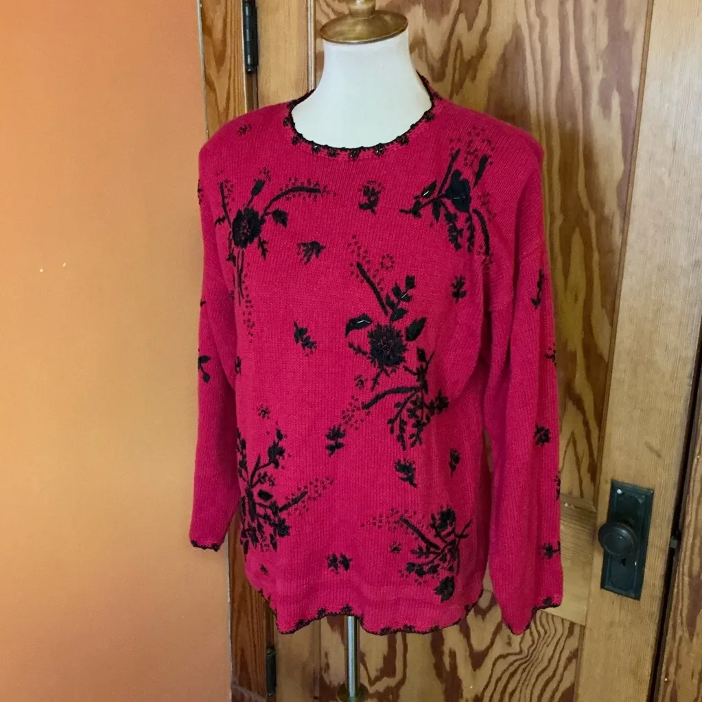 Vtg Y2K embroidered n beaded sweater Red Size L - Image 7