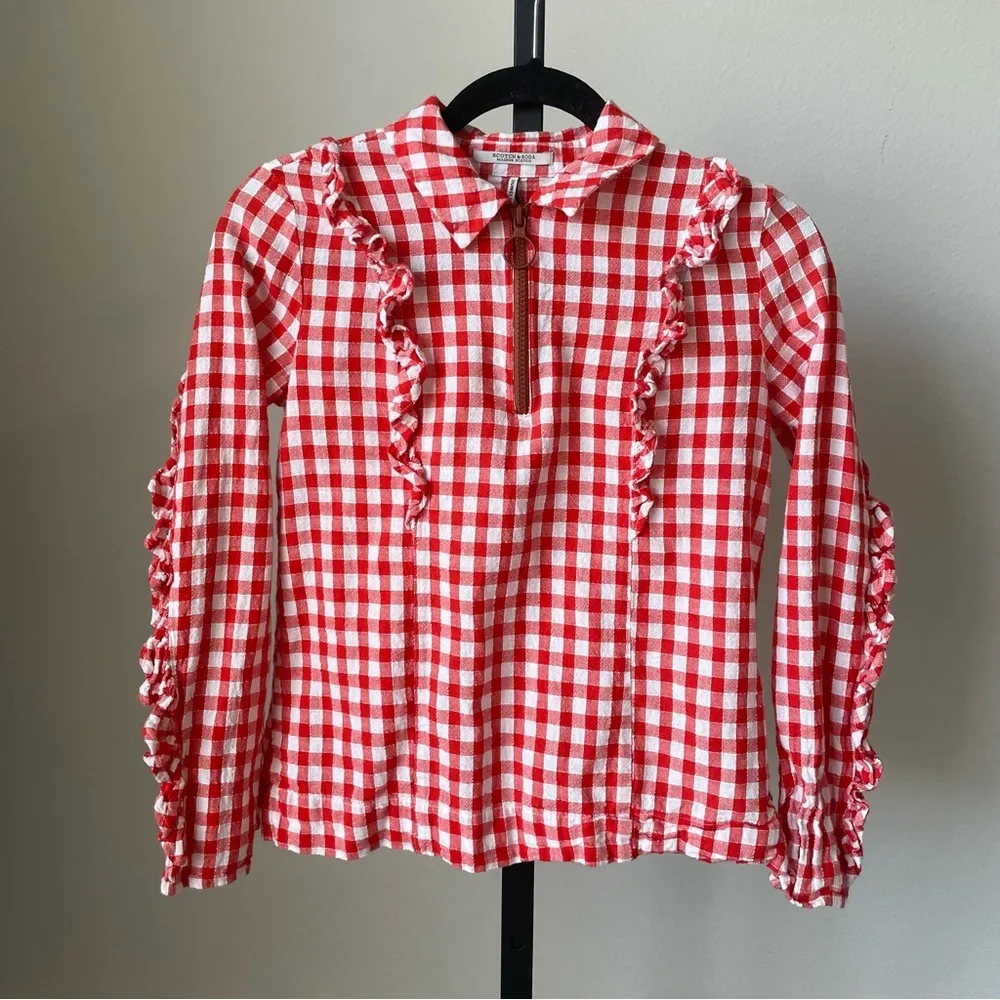 Scotch & Soda Ruffled Gingham Quarter Zip Top Size Extra Small - Image 4