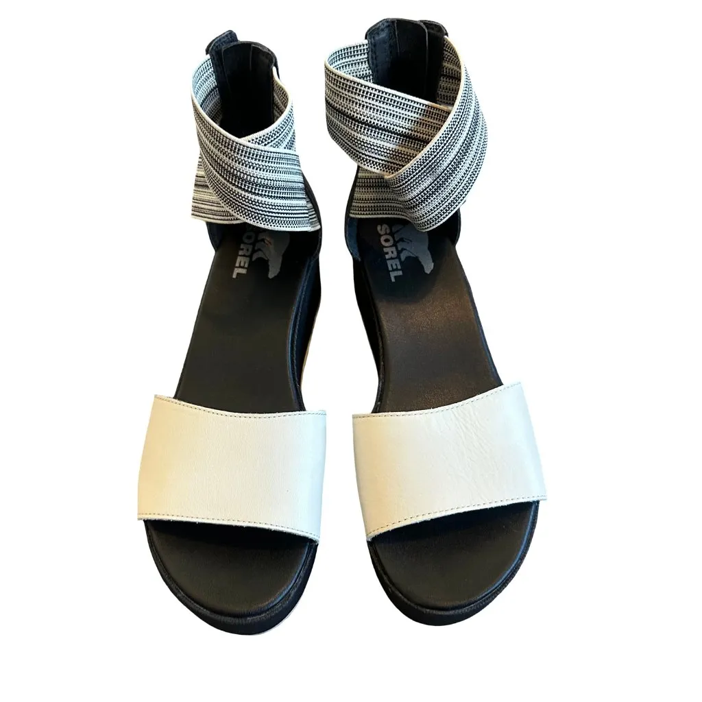Sorel Cameron Flatform White Black Sandals Stretch Ankle Strap Size 8 Women's - Image 3