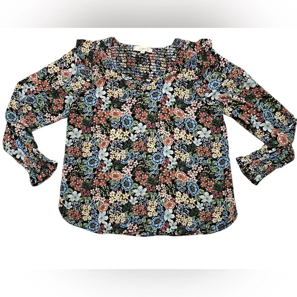 LOFT Floral V-Neck Flutter Shoulder Long Sleeve Blouse - Image 3